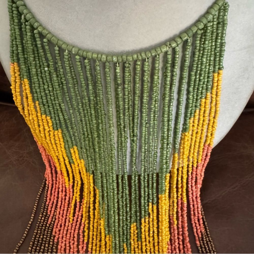 Handmade Multicolor Layered Chevron Beaded Tribal Fringe Collar Necklace - Picture 4 of 8